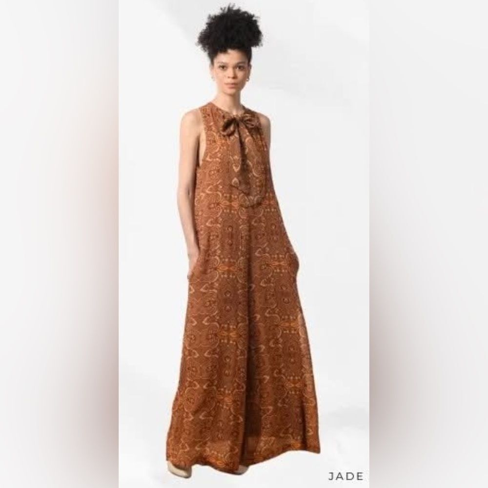 Ollari NY Anthropologie Jade Jumpsuit Brown Paisley Tie Neck Wide Leg - Medium